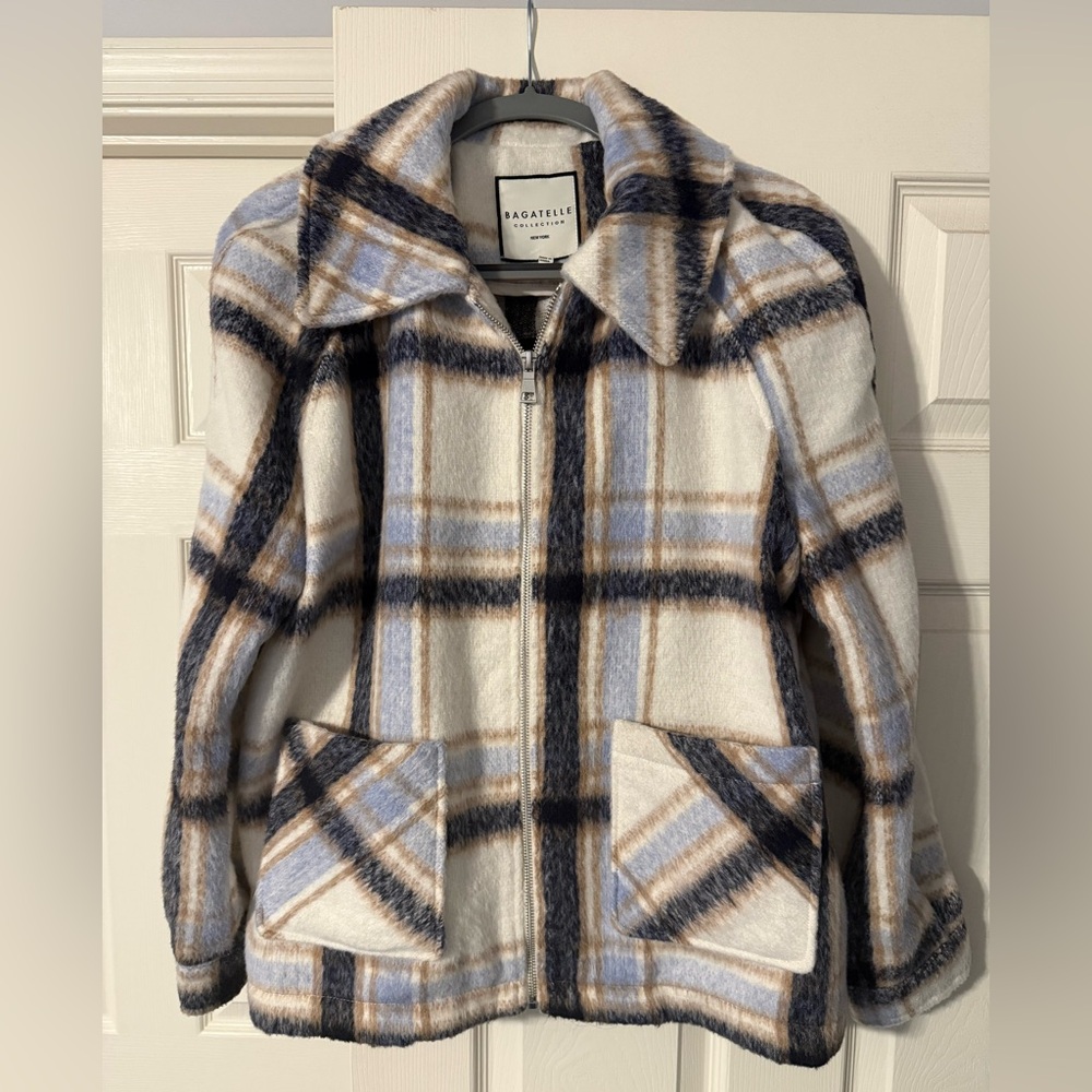 Bagatelle Plaid Pea Coat - Blue, Brown, and Cream